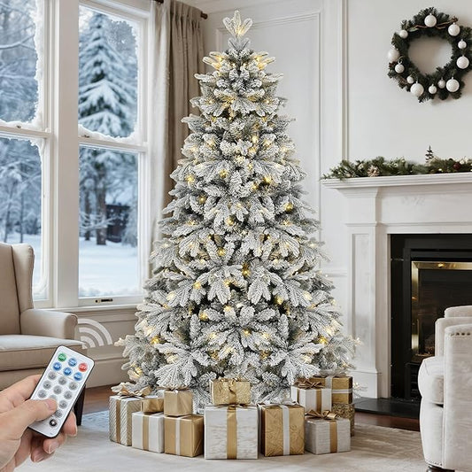 GOOBED 6 FT Pre-Lit Snow Flocked Christmas Tree with Remote, Artificial Hinged Canaan Fir Christmas Tree with 1225 Branch Tips, 260 Lights for Home Office, Holiday Decor, White Flocked