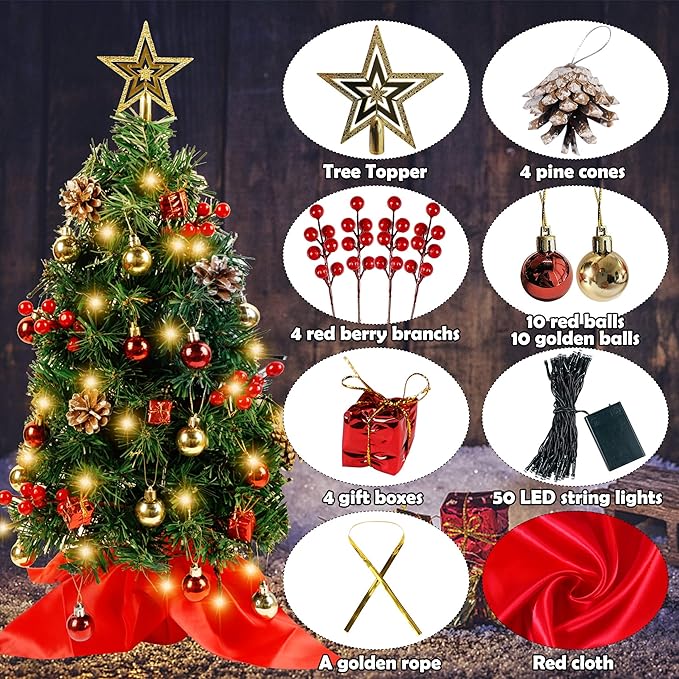 Blissun 2Ft Mini Christmas Tree, Artificial Christmas Pine Trees, Tabletop Xmas Tree, Mini Christmas Pine Tree with LED Lights, Star Tree Topper and Christmas Ornaments for Christmas Table Decorations