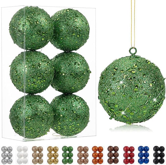 4" Large Christmas Balls Ornaments 6 Pcs Shatterproof Big Dark Green Christmas Ornaments for Tree Glitter Big Xmas Tree Ornament for Xmas Halloween Holiday Wedding Party Decoration