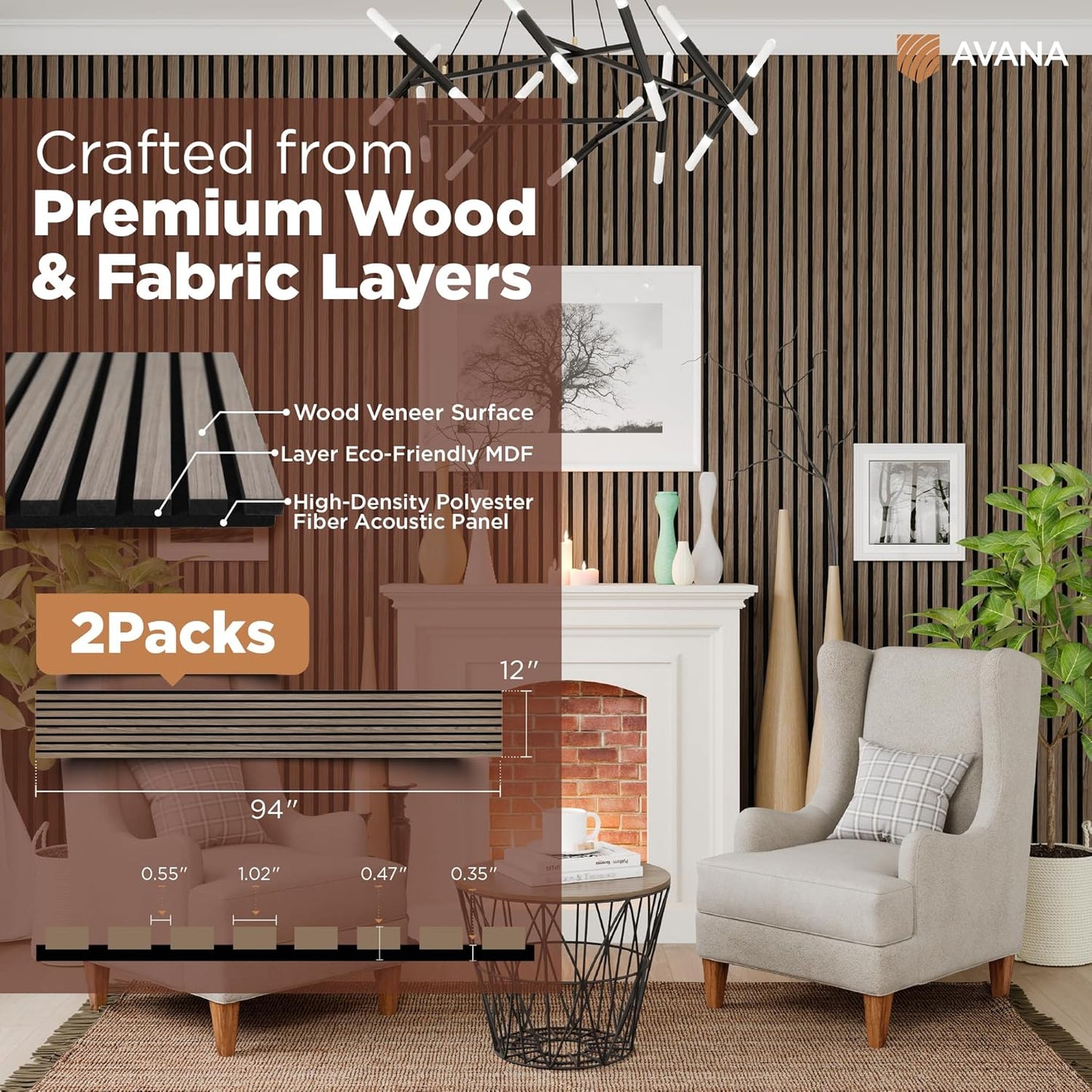 Avana Acoustic Wood Wall Panels – 94.4 x 12.6 Inch Natural Walnut Acoustic Panels 2 PCs – Wall Panels For Interior Wall Decor For Homes, Offices, Studios – Pleasing Decorative Wood Panels For Wall