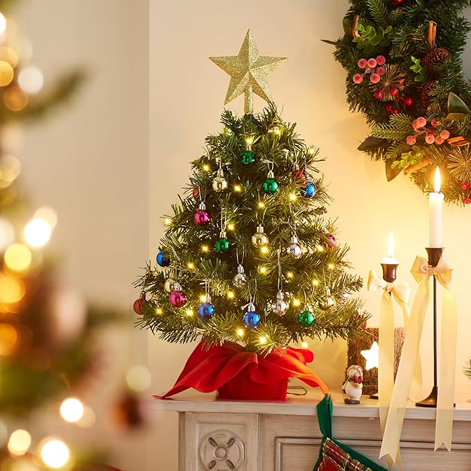 Joiedomi 24"/2FT Mini Christmas Tree Tabletop Set with Clear LED Lights, Artificial Mini Christmas Tree with Star Treetop and Hanging Ornaments, Best DIY Xmas Decorations