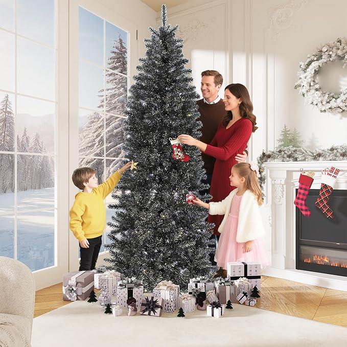 GAOMON 7.5Ft Christmas Tree, Artificial Black Halloween Pencil Christmas Tree with Sturdy Metal Stand & Realistic Branch Tips, Slim Skinny Xmas Holiday Decoration for Halloween, Home, Office, Black