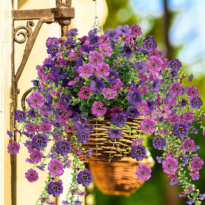 Artificial Flowers for Outdoors 6PCS，All Weather Fade Proof, UV Resistant Waterproof Realistic Faux Silk Mums Daisies Double Purple for Hanging Planters Porch Patio Balcony Deck Fence Garden Decor