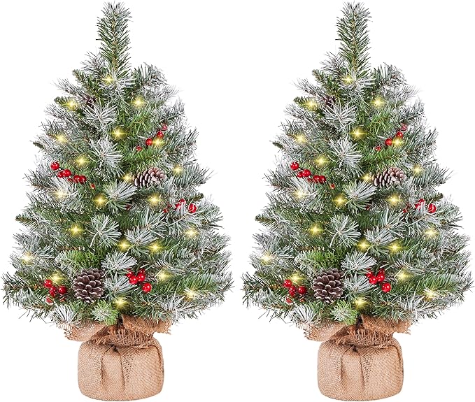 Yaheetech Set of 2 Pre-Lit Artificial Mini Christmas Tree, 2ft Frosted Tabletop Small Christmas Tree with LED Lights, Red Berries & Natural Pinecones for Holiday Decoration
