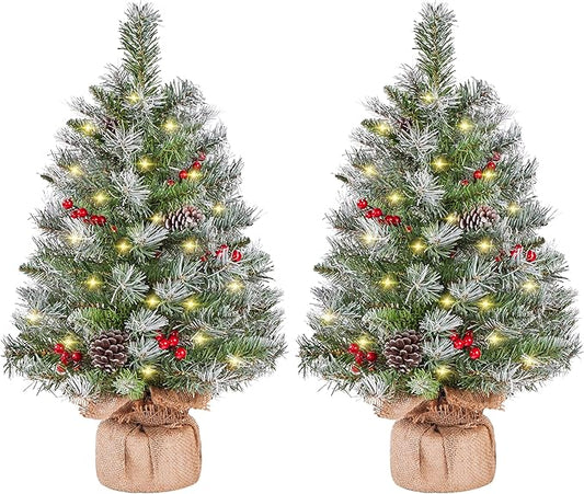 Yaheetech Set of 2 Pre-Lit Artificial Mini Christmas Tree, 2ft Frosted Tabletop Small Christmas Tree with LED Lights, Red Berries & Natural Pinecones for Holiday Decoration