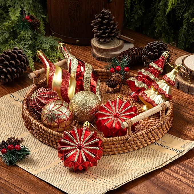 108 Pcs Christmas Ball Ornaments Set, Red and Gold Shatterproof Hand-Painted Hanging Bulbs Bulk, Decoration for Xmas Tree, Wreath, Garland, Home Holiday Decor