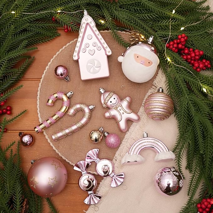 Alupssuc 65pcs Christmas Balls Ornaments Set, Shatterproof Plastic Baubles Gingerbread House, and Tree Topper for Xmas Tree Holiday Wedding Party Decorations with Hanging Strings, Gold & Pink