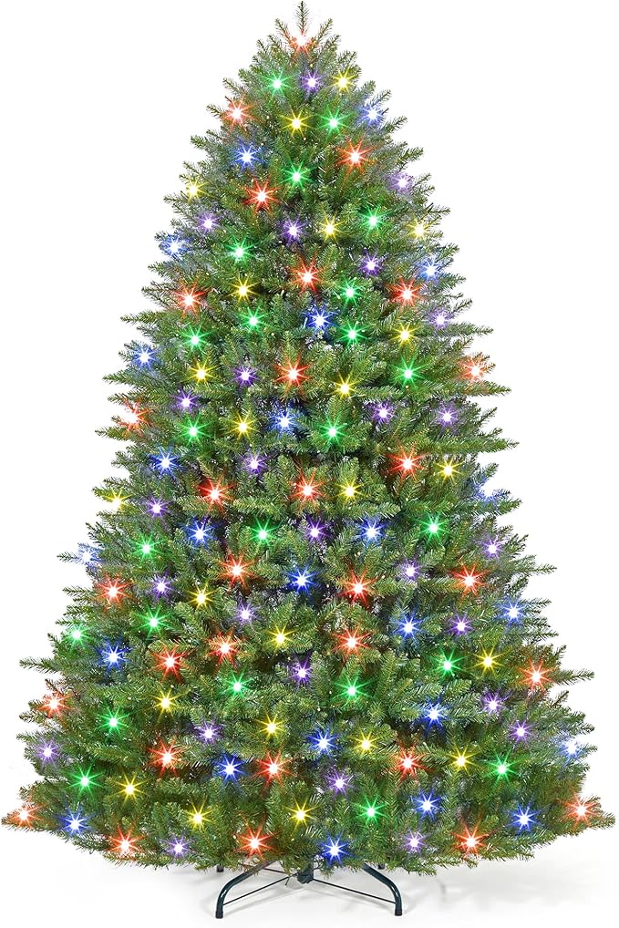 4.5FT Christmas Solid Color PVC Hybrid Auto Tree with 200 LED Lights Artificial Christmas Tree with 8 Light Patterns Pre-Lit Christmas Tree, Collapsible Stand, Switch Foot Pedal, Green (638 Tips)