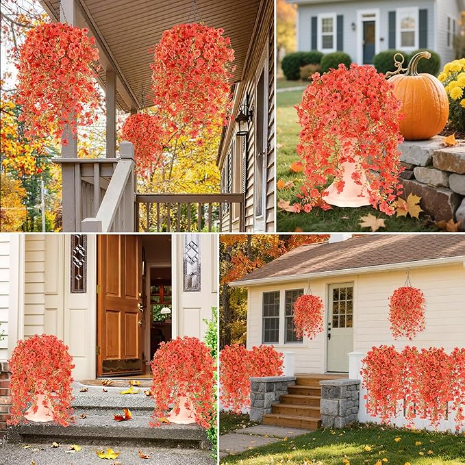 6 Bundles Artificial Fall Flowers for Outdoors Fake Plants Garden Home Fall Decor,UV Resistant Realistic Silk Faux Autumn Flower Indoor Outside Front Porch Patio Balcony Yard Farmhouse(Orange)