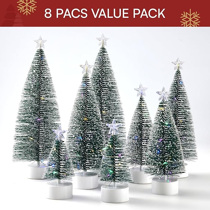 JOYIN 8 Pcs Mini Xmas Decor with LED Lights, Prelit Classic Small Christmas Tree in 4 Sizes with Star Topper, Tabletop Artificial Tree with Snow for Xmas Indoor Home Decor Holiday Festive (Green)