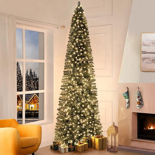 Vienna 9ft Prelit Slim Artificial Christmas Tree with 1455 Branch Tips, 500 Warm Lights and Metal Stand, 37" Wide Realistic Skinny Pencil Christmas Tree with Lights by Naomi Home