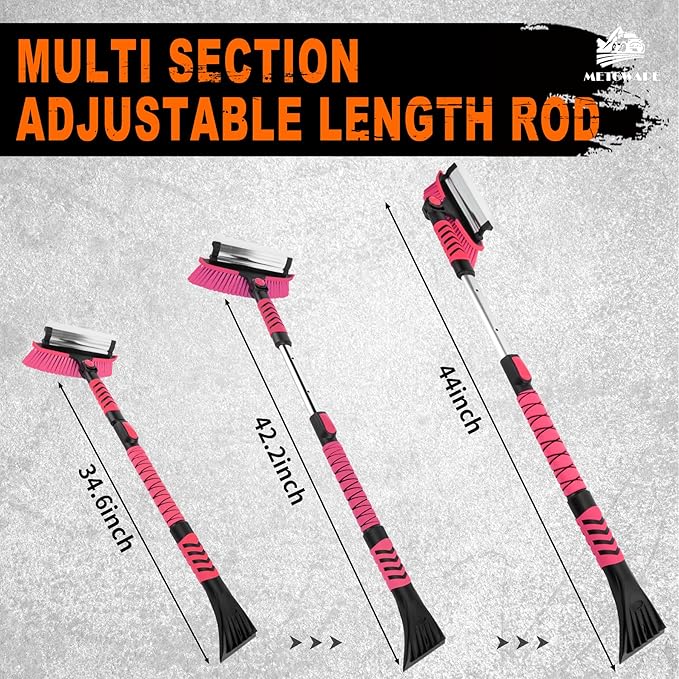 METOWARE 44'' Snow Brush and Ice Scrapers for Car Windshield, Extendable Snow Brush for Car with Ergonomic Foam Grip and 360° Pivoting Brush Head for Car SUV Truck Pink
