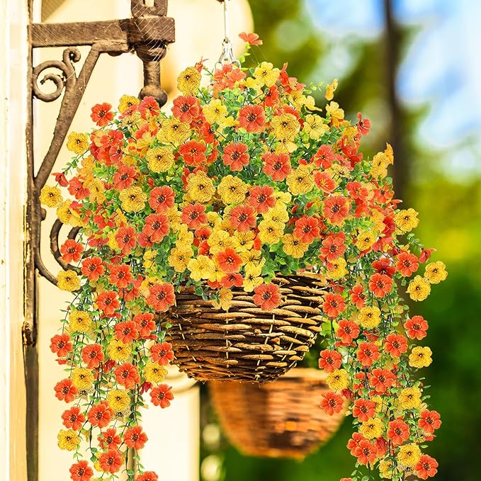 Artificial Flowers for Outdoors 6PCS，All Weather Fade Proof, UV Resistant Waterproof Realistic Faux Silk Mums Daisies Yellow & Orange for Hanging Planters Porch Patio Balcony Deck Fence Garden Decor