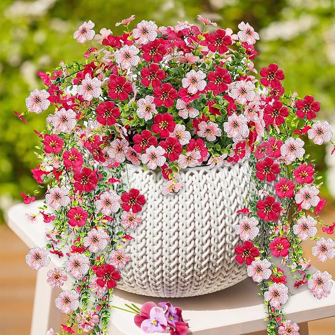 Artificial Flowers for Outdoors 6PCS，All Weather Fade Proof, UV Resistant Waterproof Realistic Faux Silk Mums Daisies Rose Red & Pink for Hanging Planters Porch Patio Balcony Deck Fence Garden Decor