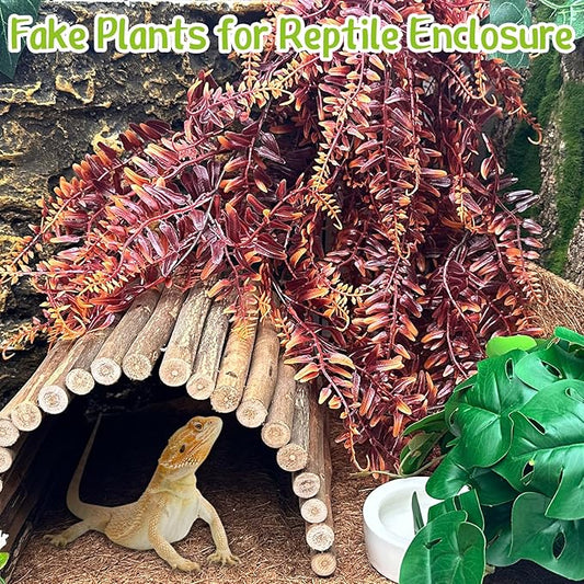 Hamiledyi Reptile Plants 2 Pcs Hanging Terrarium Plants Fake Plant Reptile Tank Accessories for Leopard Gecko Bearded Dragon, Snake, Lizard Habitat (Red)