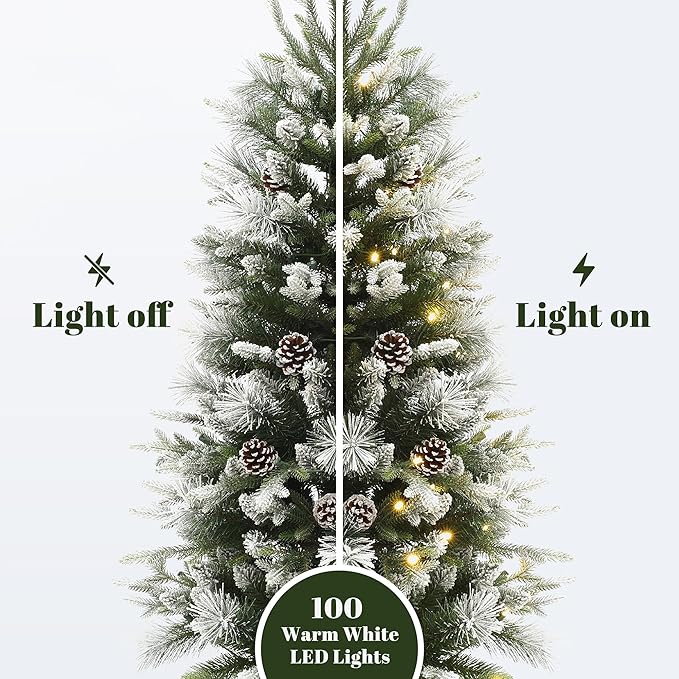 LuxenHome 4.5FT Potted Christmas Tree, Small Flocked Christmas Tree Prelit with 100 LED Lights and Pinecones, Lighted Pencil Artificial Christmas Trees with Urn Style Planter Pot for Indoor, Outdoor