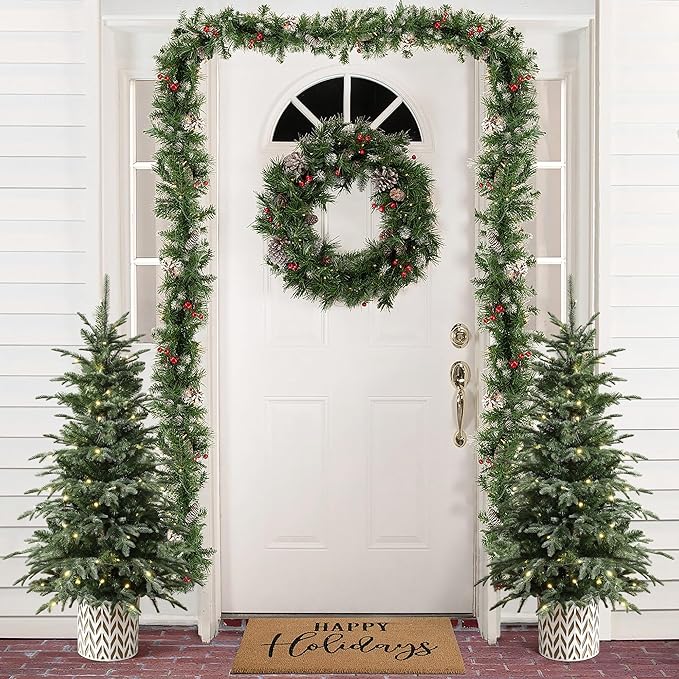 LuxenHome 4.5FT Small Christmas Tree, Prelit Slim Potted Christmas Trees with 100 Warm White LED Lights, Lighted Slender Fir Tree with Planter Pot, Small Faux Holiday Tree for Home Display