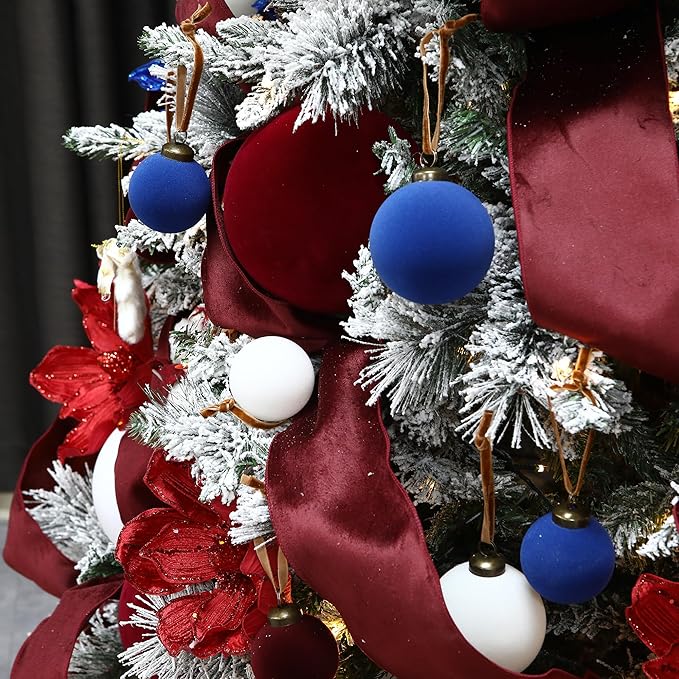 Sea Team 16-Pack Flocked Velvet Christmas Tree Ball Ornaments Set, Hanging Velour Baubles, Shatterproof Plastic Decorations for Xmas Tree, Wreath, Garland, 80mm/3.15 Inches, Burgundy