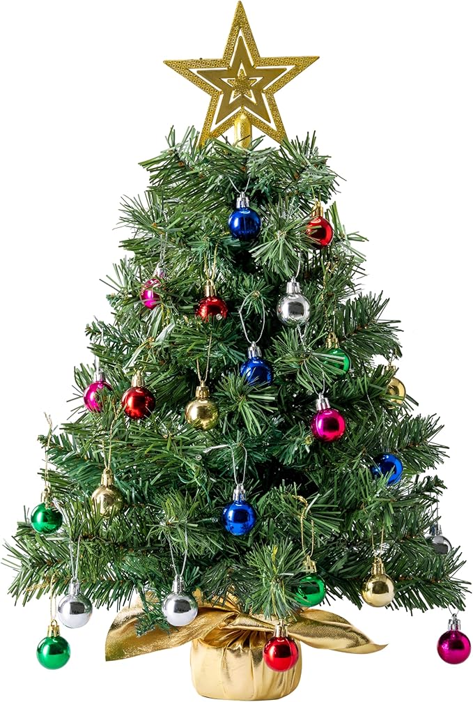 JOIEDOMI 24"/2FT Small Tabletop Christmas Tree with Lights with Star Treetop and Hanging Ornaments, Pre-lit Artificial Christmas Green LED Mini Tabletop Tree for Xmas Decorations Indoor Outdoor