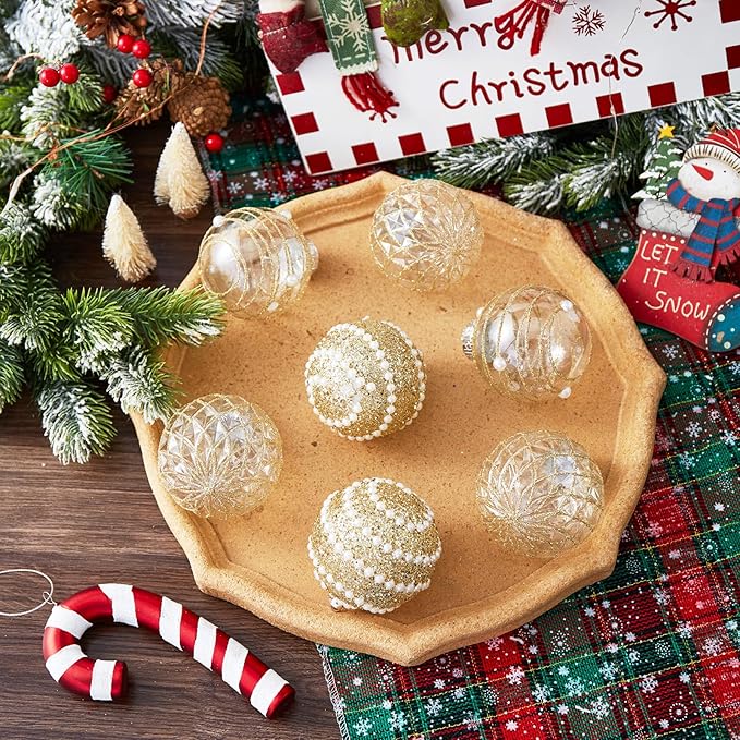 12CT Christmas Ball Ornaments Gold Shatterproof Clear Large Plastic Christmas Tree Decoration, Delicate Hanging Ornaments for Xmas Party, Wedding, Holiday and Home Décor(70mm/2.76")