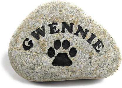 Personalized River Stone Pet Memorial Stones Headstone Grave Marker for Dog or Cat 8 inches to 10 inches Natural Rock Customized with Name and Paw Print
