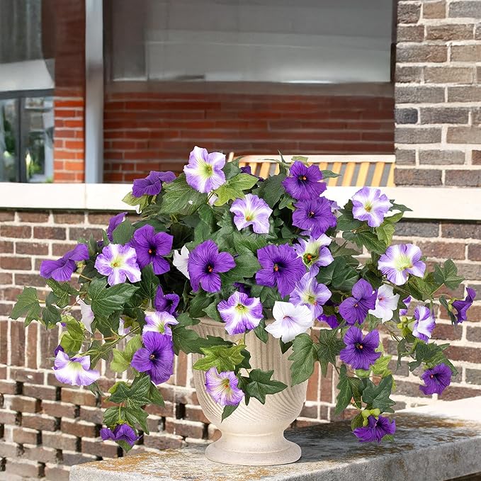 Artificial Fake Flowers Plants for Outdoor Decoration, 2PCS Faux Petunias Silk Flower UV Resistant No Fade for Home Outside Garden Balcony Yard Porch Realistic Indoor Decor (Purple White)