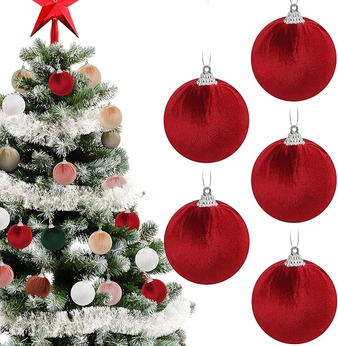 Woration 9pcs Red Velvet Christmas Hanging Ornaments Balls Set 2.36inch Garlands Xmas Tree DIY Decoration Hanging Plastic Balls for Holiday Wedding