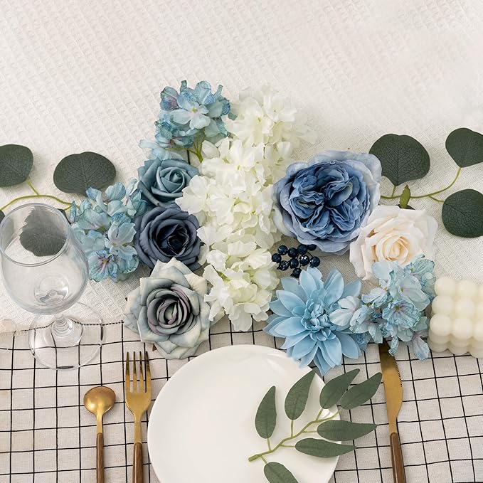 Artificial Flowers Combo Box Set Dusty Blue Flowers for DIY Wedding Bouquet Arrangements Bridal Shower Party Home Decorations(White Blue Rose)