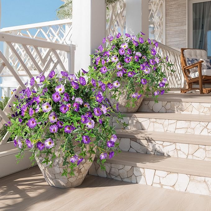 Artificial Flowers Artificial Petunias for Outdoors 2PCS Artificial Hanging Plants Outdoors Silk Flowers with Stems Outdoor Flowers Uv Resistant for Porch Decor Terrace Decor（Purple with Pot）
