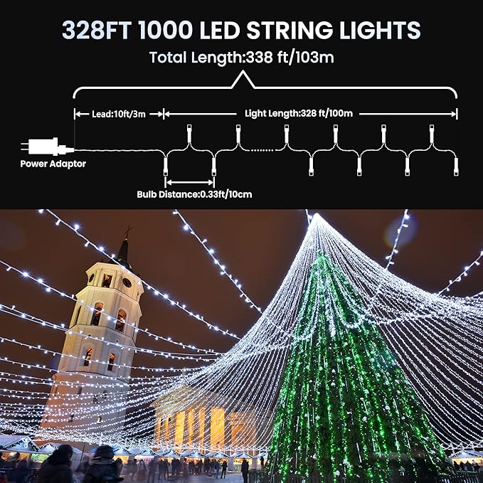 338Ft Christmas Lights Outdoor, 1000 LED Christmas String Lights with 8 Modes, Timer, Waterproof Fairy Twinkle Lights for Party, Garden, Wedding, Holiday, Weddings, Xmas Tree Decorations (Cool White)