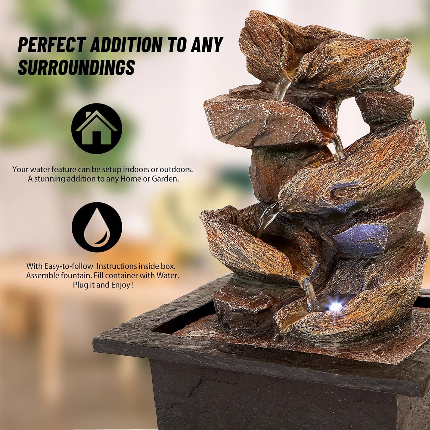 Father'sDen Collection 11-inch Waterfall Fountain Indoor - Tabletop Water Fountain - Indoor Fountains and Waterfalls with Soothing Sounds & In-Pot LED Light Enhancement