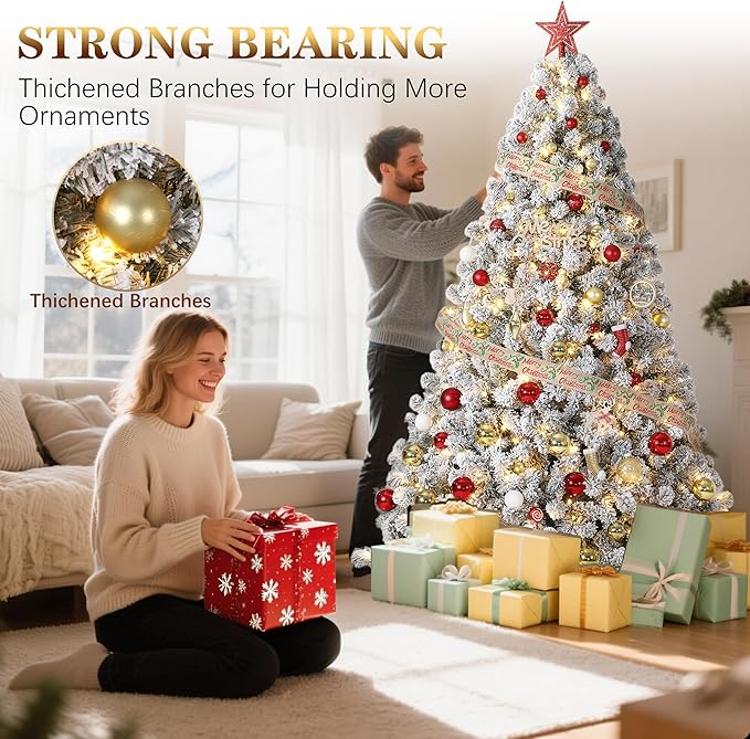 7.5FT Flocked Artificial Christmas Tree with 450 Warm White LEDs - Pre-Lit PVC Snow Tree, Foldable Stand & Foot Pedal, Easy Assembly for Home, Party, Mall Holiday Decor (Green, 1050 Tips)