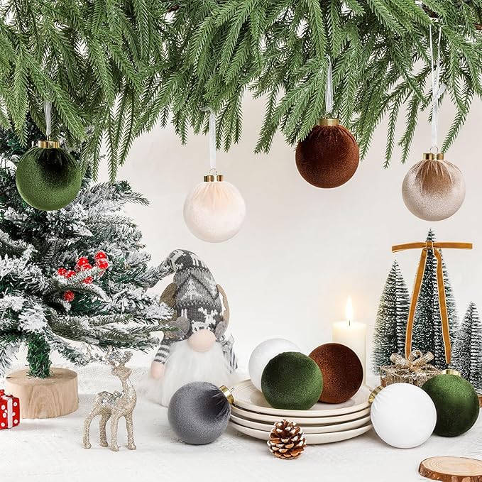 24 Pack Velvet Christmas Tree Ornaments Set, 12 Pcs 3.15 Inch Large Neutral Velvet Christmas Ornaments Hanging Flocked Balls and 12 Pcs Vintage Bows for Xmas Garland Wreath Party Home Decor
