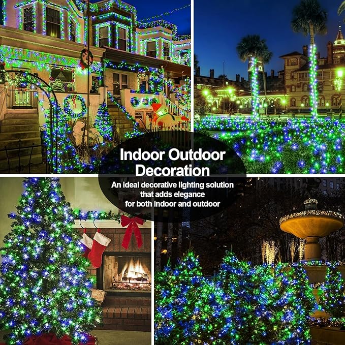 403 FT 1000 LED Christmas Lights Outdoor Fairy Lights Plug In Extra Long String Lights Clear Wire Waterproof 8 Modes Timer for Outside House Tree Garden Yard Wedding Party Decorations-Blue and Green