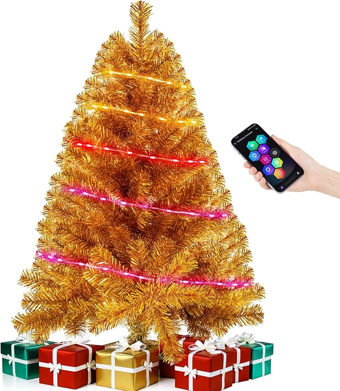 Gold 3ft Christmas Tree with Lights, Small 36inch Artificial Tree Mini Table Top Decorations, Xmas Desk Tree with 80 Colored Lights, 200 Branch, Holiday Decor for Home,Indoor Office Tabletop