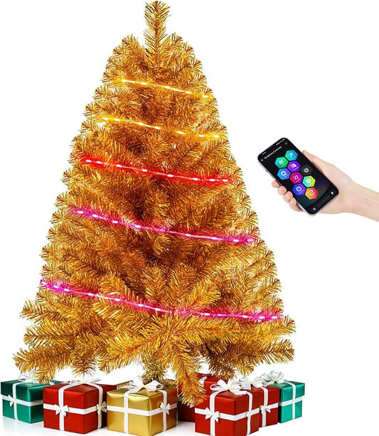Gold 3ft Christmas Tree with Lights, Small 36inch Artificial Tree Mini Table Top Decorations, Xmas Desk Tree with 80 Colored Lights, 200 Branch, Holiday Decor for Home,Indoor Office Tabletop