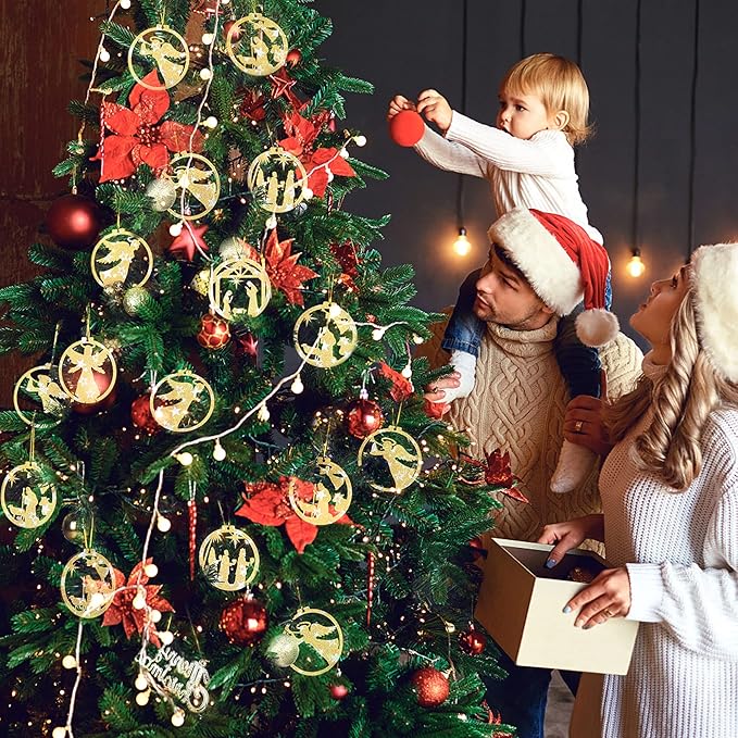 14 Pcs Nativity Scene Ornaments, Christmas Wooden Nativity Hanging Ornaments Set, Christian Nativity Scene Christmas Tree Decoration, Xmas Religious Gift for Family Friends and Christian