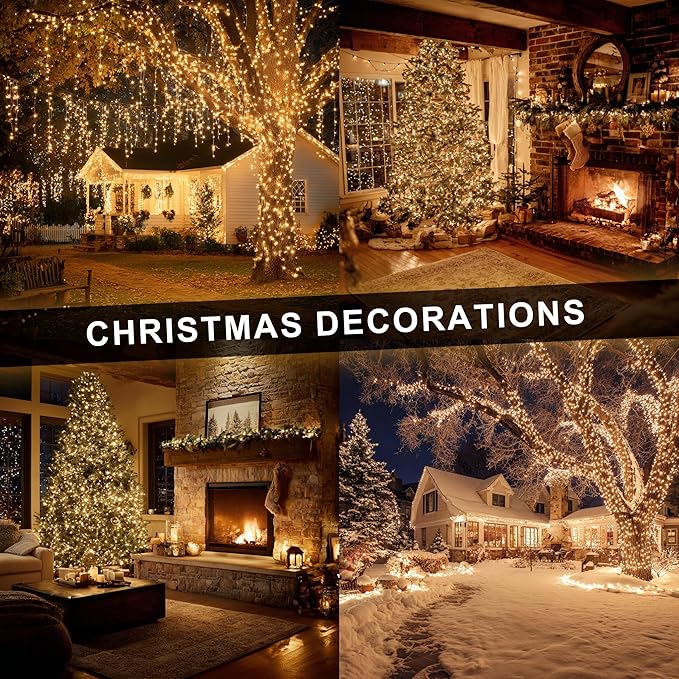 Dazzle Bright Christmas String Lights, 600 LED 196 FT Waterproof Green Wire String Lights with 8 Lighting Modes Timer, Christmas Decorations Outdoor for Party Yard Garden Xmas Tree Decor, Warm White