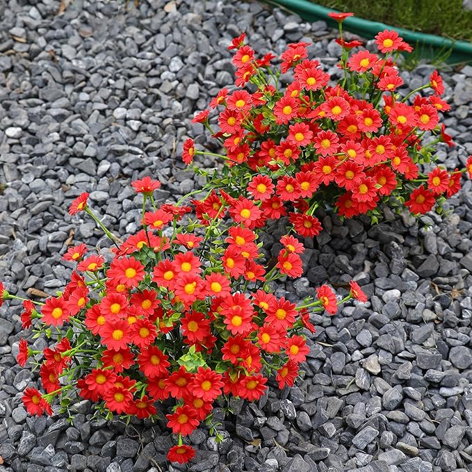 Burgundy Fake Flowers Outdoor 8 Bundles Red Artificial Daisy Plants Outside for Yard Front Porch Planter Decor (8 Bundles Red)