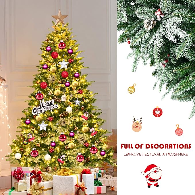 Happygrill 6.5FT Pre-lit Snow Flocked Christmas Tree Classic Natural Christmas Tree with 450 LED Lights Foldable Stand PVC PE Mixed Thick Leaves