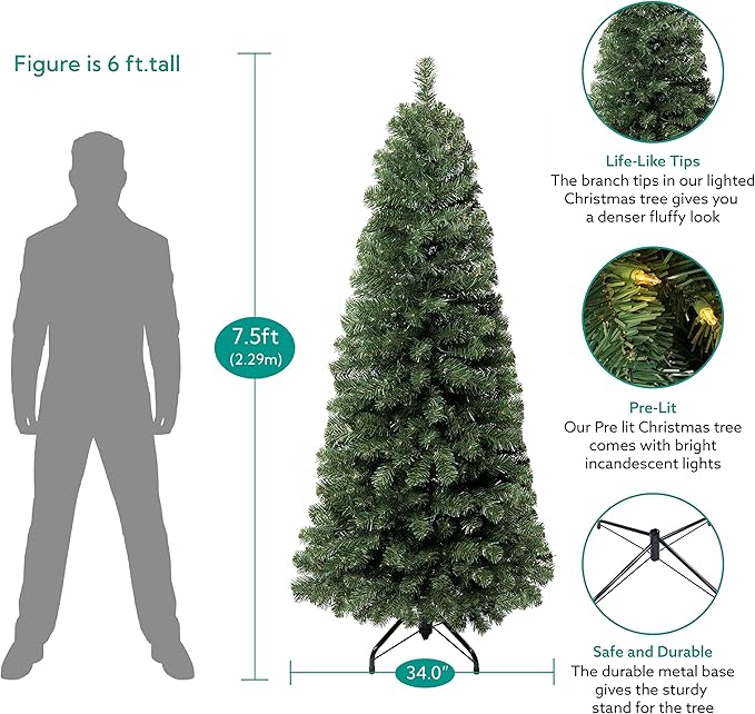 Vienna 7.5ft Prelit Slim Artificial Christmas Tree with 1102 Branch Tips, 350 Warm Lights and Metal Stand, 34" Wide Realistic Skinny Pencil Christmas Tree with Lights by Naomi Home