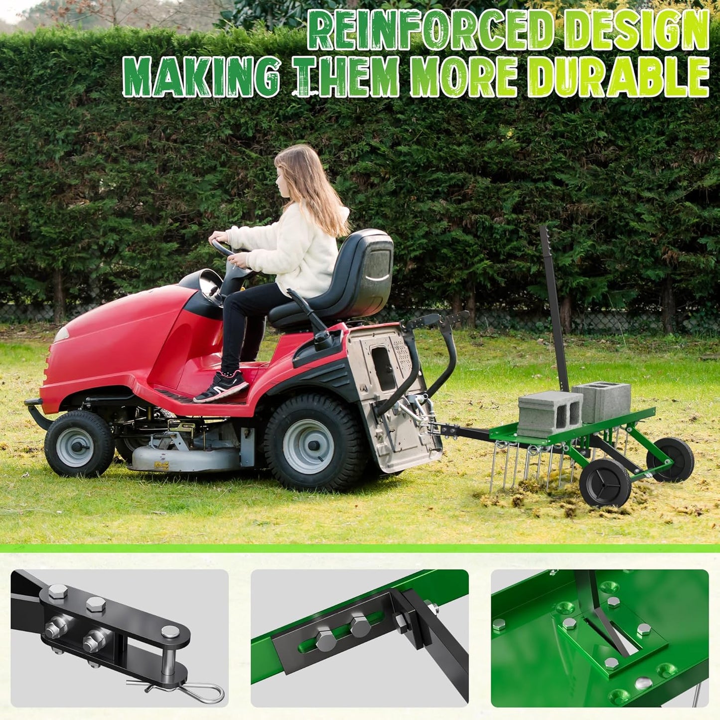 40 Inch Green Tow-Behind Dethatcher with 20 Spring Steel Tines, Pull Dethatcher for Outdoor Yard Care, Garden Farm Grass Tractor Rake to Remove Thatch, Leaves and Needles from Large Lawn Areas
