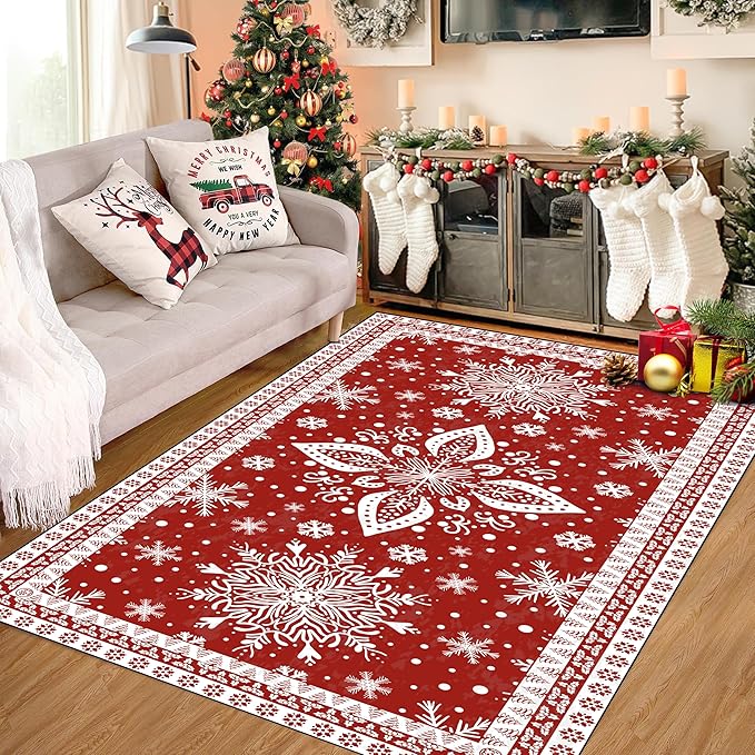 4' X 6' Christmas Rug Snowflake Area Rugs for Bedroom Living Room Laundry Nursery Dorm Entryway Aesthetic Xmas Carpet for Girls Kids Women Door Mat Pad,Red and White