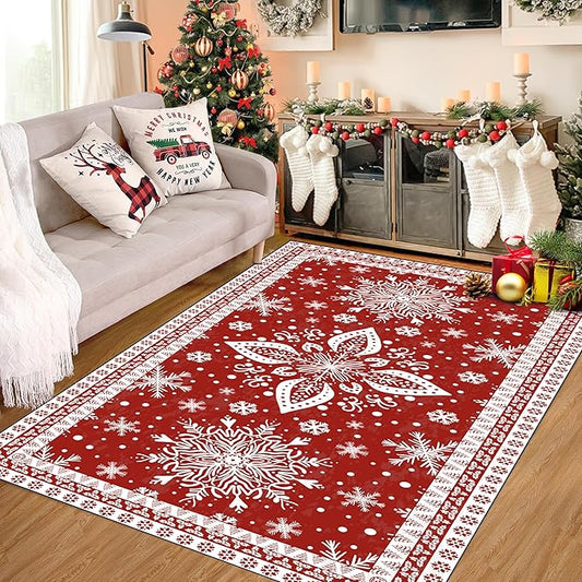5' X 7' Christmas Rugs Indoor Snowflake Area Rugs for Living Room Bedroom Dining Room Classroom Dorm Fluffy Red Snowfall Carpet for Girls Kids Women Floor Mat Xmas Decor