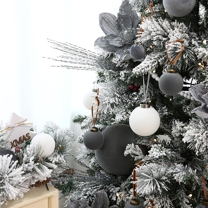 Sea Team 4-Pack Large Flocked Velvet Christmas Tree Ball Ornaments Set, Hanging Velour Baubles, Shatterproof Plastic Decorations for Xmas Tree, Wreath, Garland, 150mm/5.91 Inches, Gray
