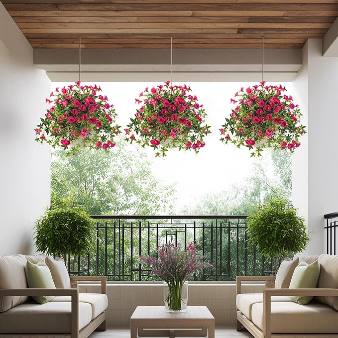 Artificial Flowers Artificial Petunias for Outdoors Artificial Hanging Plants Outdoor Silk Flowers with Stems Outdoor Flowers Uv Resistant for Porch Decor Terrace Decor，Rose Red with Pot 2PCS