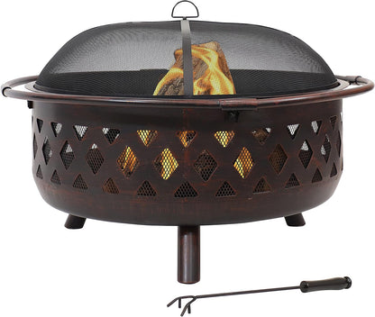 Sunnydaze Crossweave Outdoor Fire Pit - Wood-Burning Fire Pit for Outside with Spark Screen, Poker and Round Cover - 36-Inch - Bronze