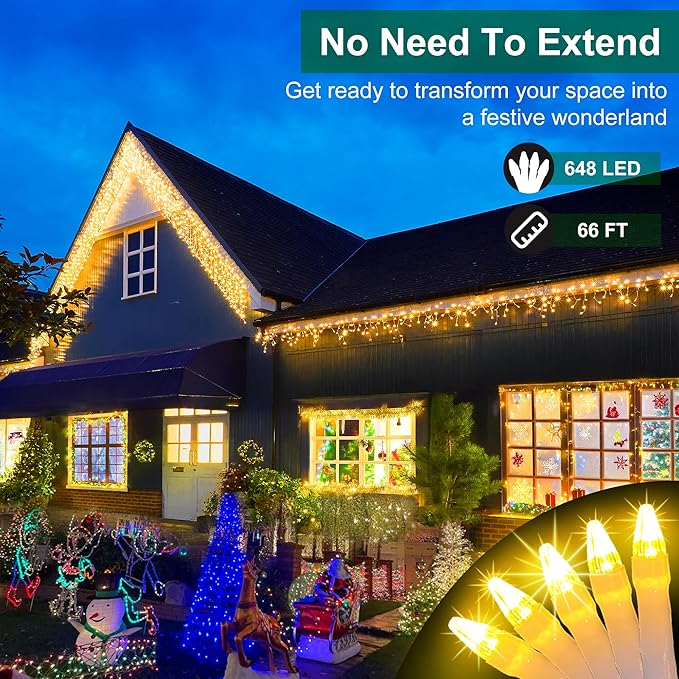 648 LED Outdoor Christmas Lights with 144 Drops, 66ft ChristmasLights with 8 Modes Timer, Christmas Twinkly Lights Waterproof for Indoor Eaves Yard Room Holiday Wedding Party Decor Warm White