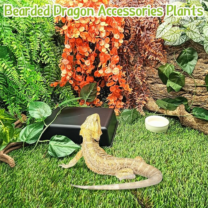 Hamiledyi Reptile Plants Tank Habitat Decorations 2 Pcs Artificial Leaves Habitat Decor with Suction Cup Fake Hanging Vines for Bearded Dragon, Leopard Gecko, Lizard, Chameleon, Snake
