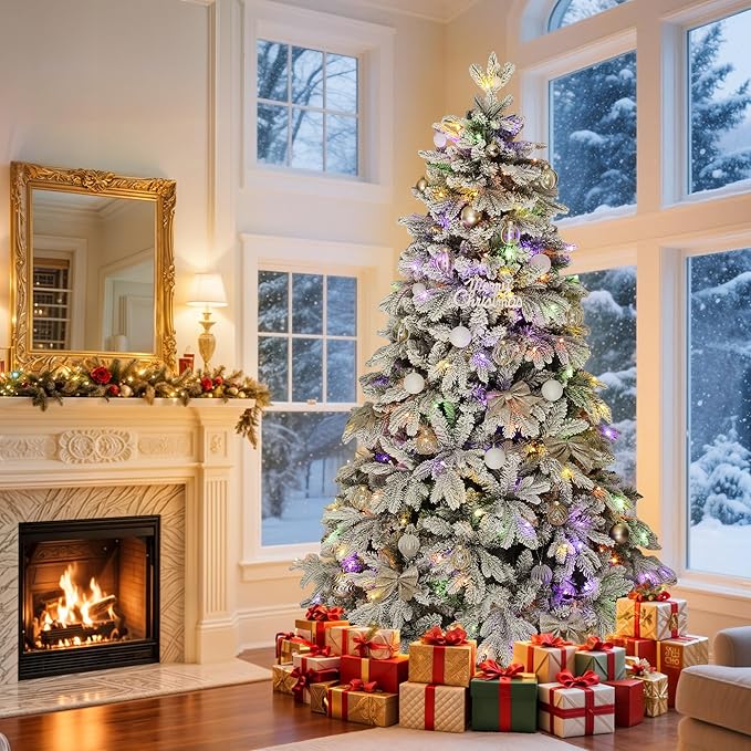 GOOBED 6 FT Pre-Lit Snow Flocked Christmas Tree with Remote, Artificial Hinged Canaan Fir Christmas Tree with 1225 Branch Tips, 260 Lights for Home Office, Holiday Decor, White Flocked